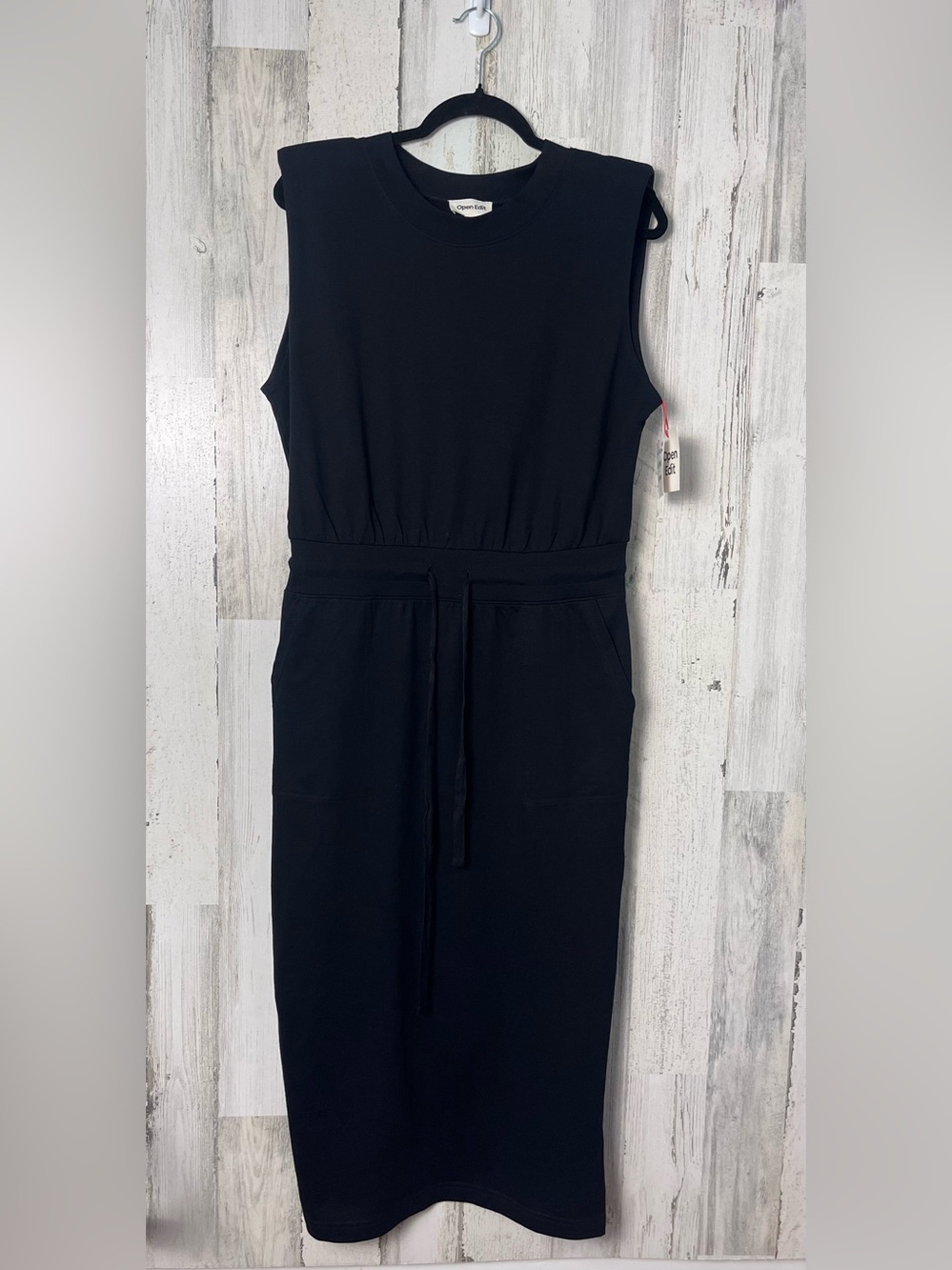 Open Edit Sleeveless Black  Waist-Tie Midi Dress with shoulder pads Medium